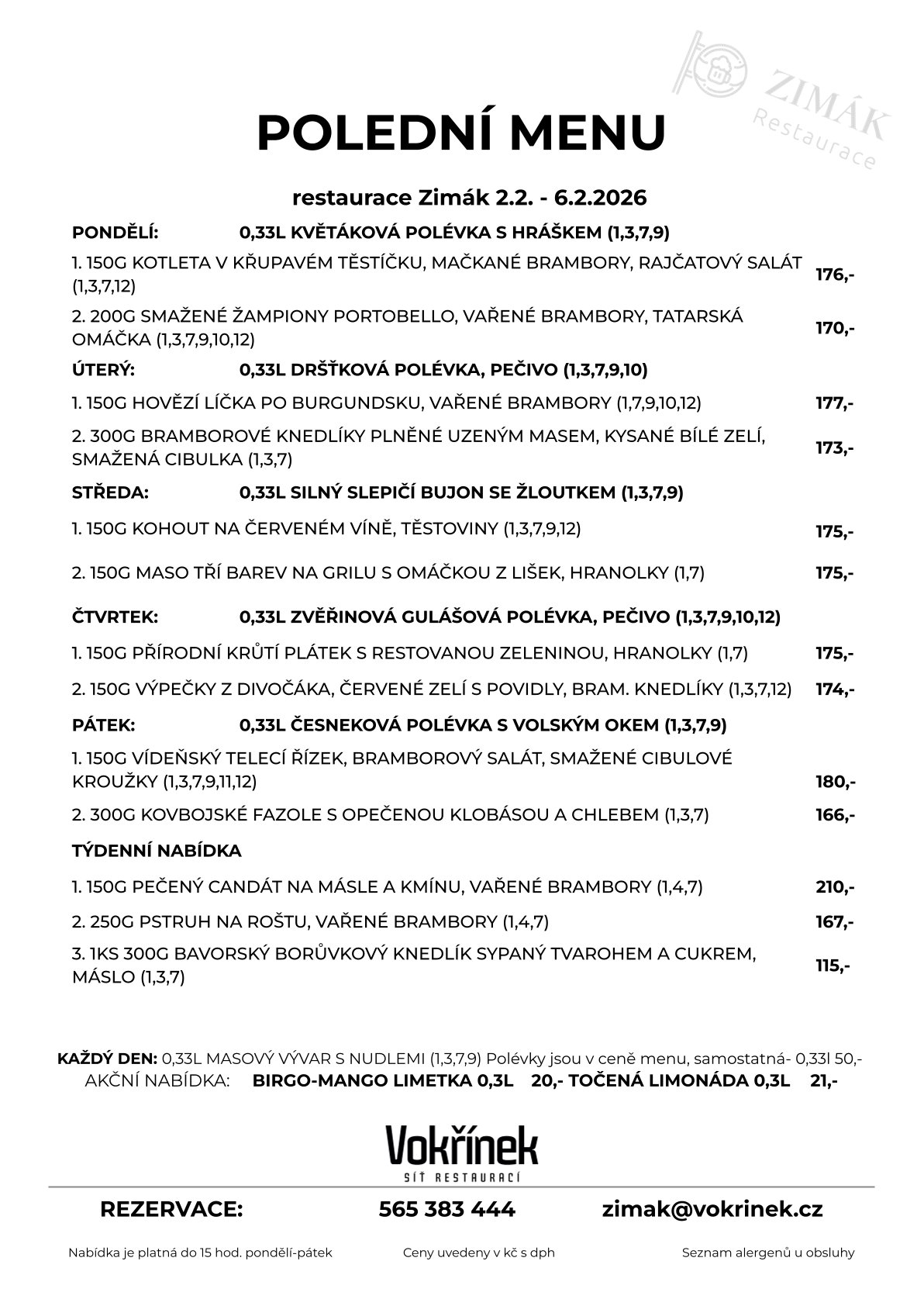 Polední menu restaurace Zimák 2.2. - 6.2.2026