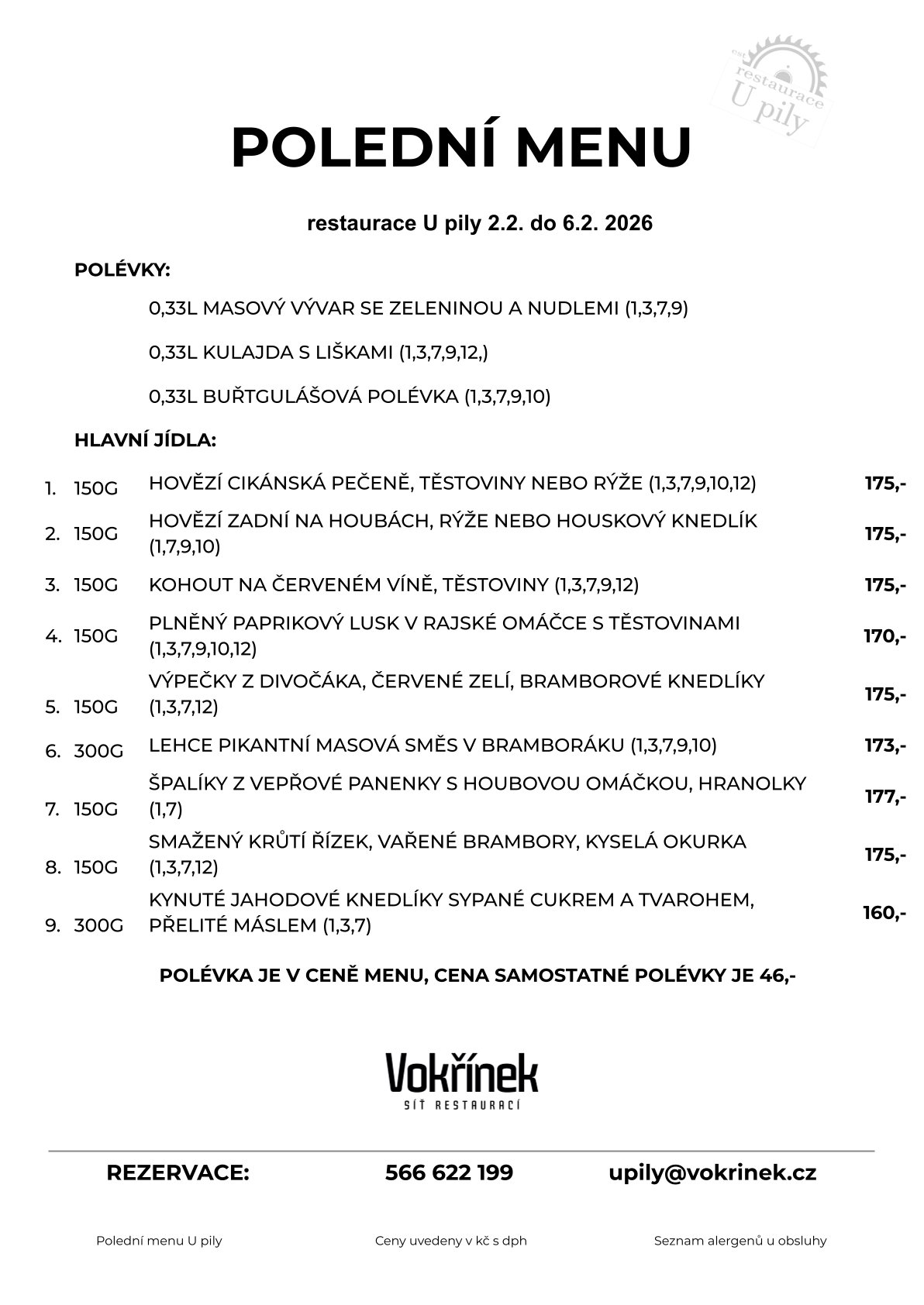 Polední menu restaurace U pily  2.2. do 6.2.2026